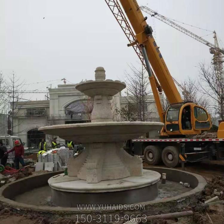 別墅水池噴泉安裝黃銹巖二層流水水缽雕塑