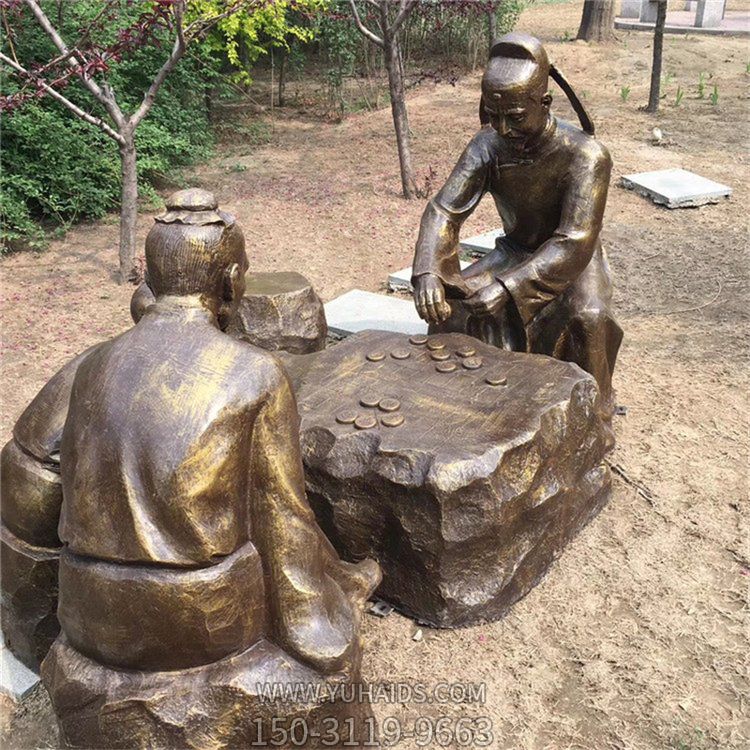 下棋，古代人物玻璃鋼仿銅場景雕塑